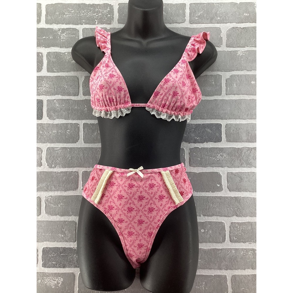 Blackbough Pink Floral Lace Ruffle Bikini Set High Waisted Triangle Top Medium